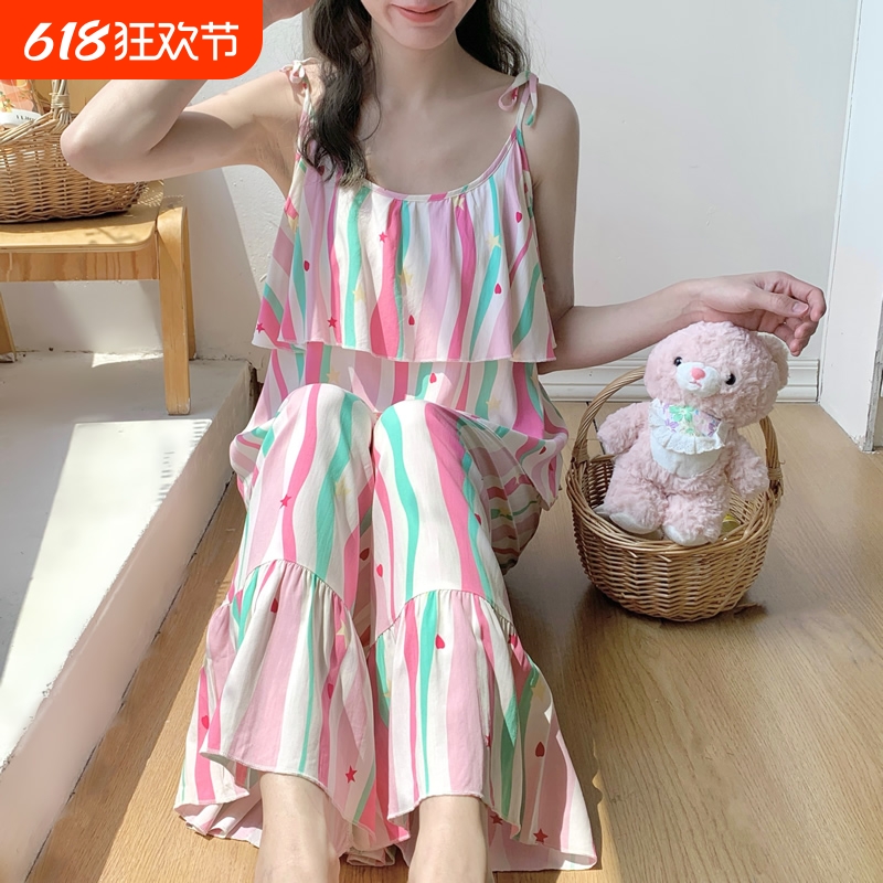 新款棉绸阔腿裤性感吊带睡衣女九分裤绵绸宽松度假风时尚家居服夏