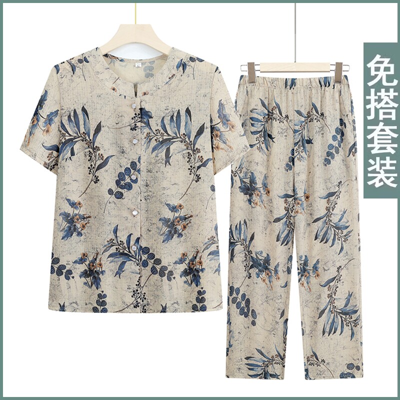 奶奶夏装短袖套装冰丝女中老年人衬衫妈妈夏季休闲老太太凉快衣服