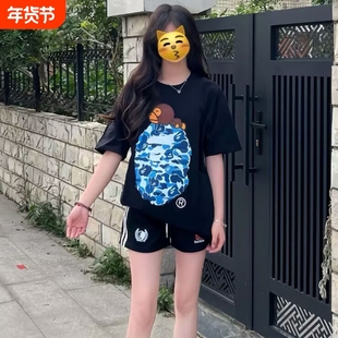 ape短袖t恤夏季男女学生潮牌纯棉猿人迷彩SHARK BAPE中大童亲子装