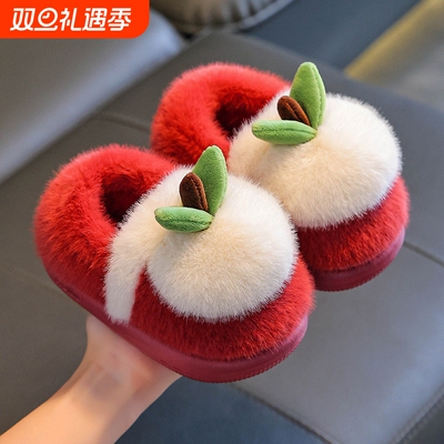 儿童棉拖鞋冬季女童男童毛绒宝宝棉鞋包跟家居鞋棉拖软底红色室内