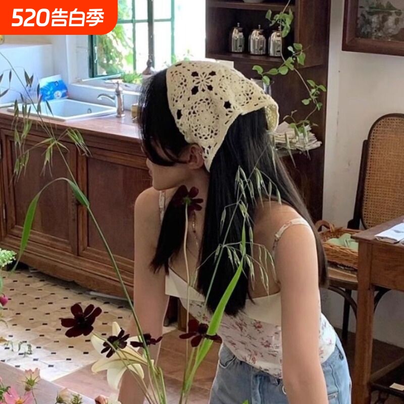 头巾三角巾针织女田园风2026新款法式头饰网红同款包头钩花发带