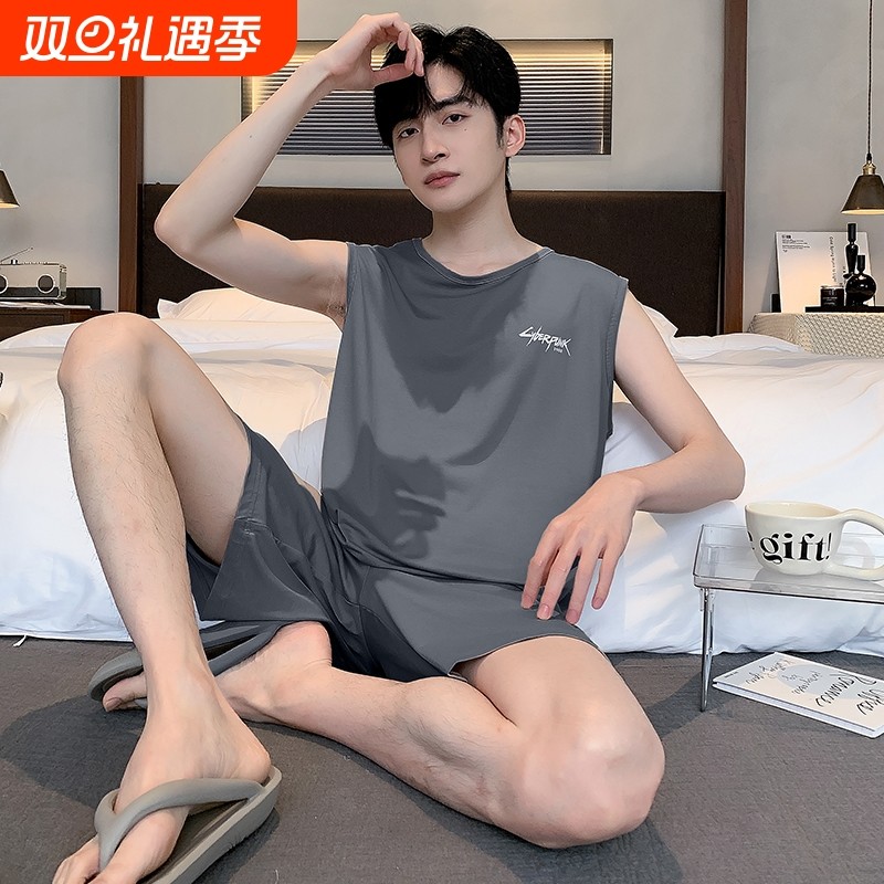 男款夏季莫代尔冰丝睡衣裤背心短裤套装薄款休闲加大码家居服夏