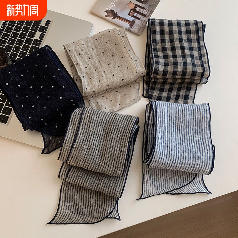 韩系复古波点格纹亚麻长条丝巾女夏季薄款领巾透气氛围感头巾发带