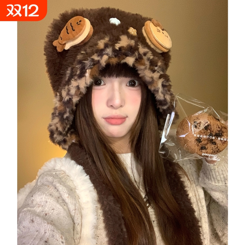 可爱小熊耳朵毛绒帽子女冬季保暖护耳雷锋帽防寒显脸小针织毛线帽