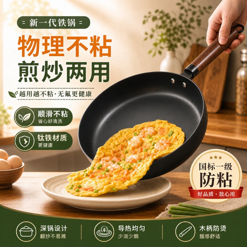 免开锅不沾煎锅平底锅极铁烙饼锅铁锅电磁炉燃气灶煎蛋锅煎牛排锅