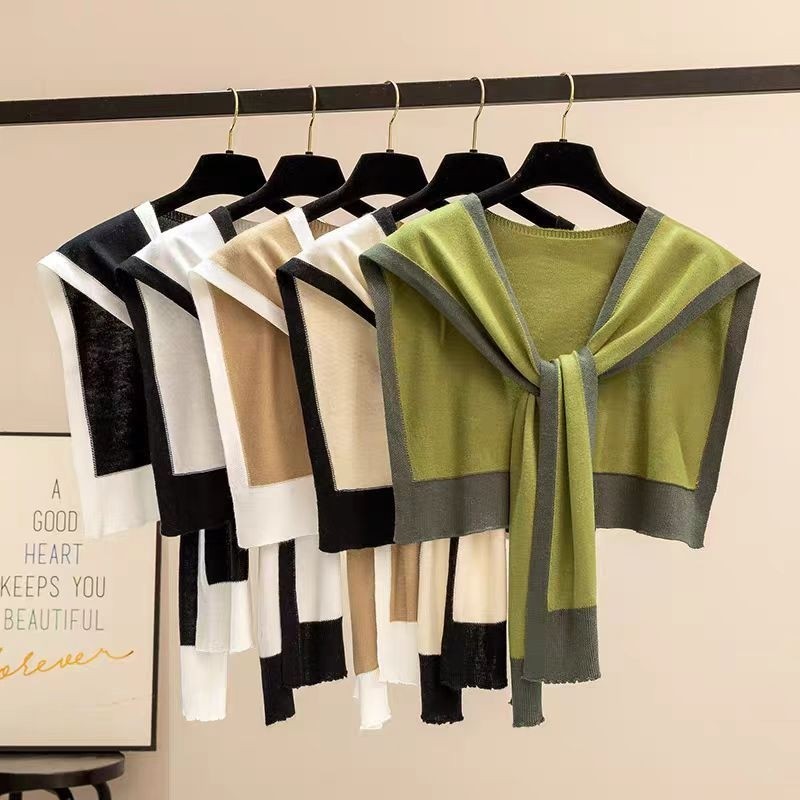 春秋洋气时尚针织披肩女外衬衫肩护领子百搭围巾坎肩黑色白色绿色
