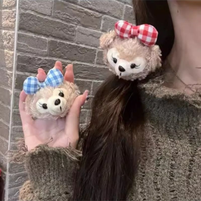 Mimmy格纹格子达菲熊头绳可爱复古甜美发圈发绳雪莉卡通kt猫红