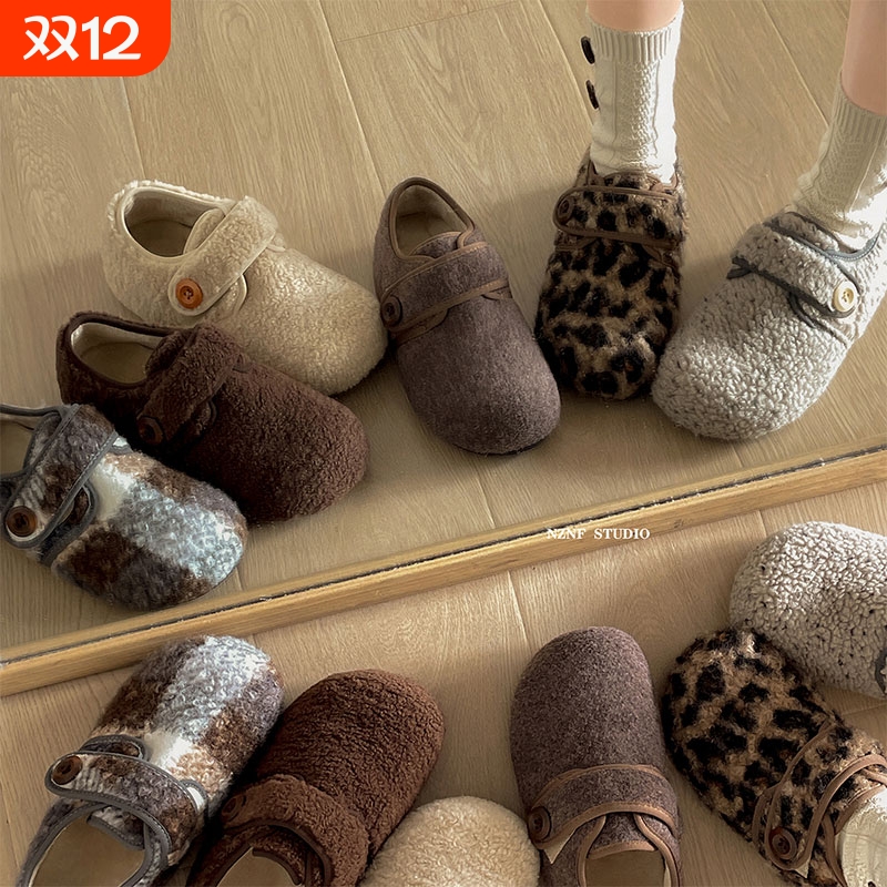 白色复古加绒厚底全包勃肯鞋女2025新款冬季外穿增高保暖毛毛棉鞋