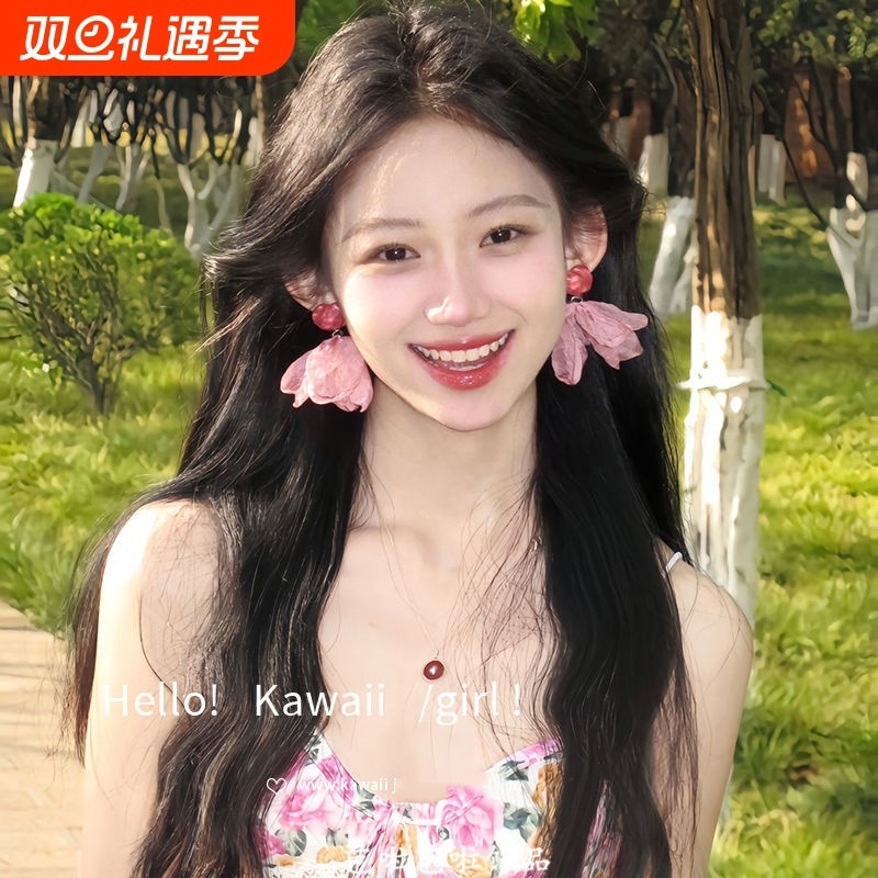 粉色甜美爱心雪纺花瓣耳钉超仙度假风拍照耳环方圆脸耳饰配饰耳夹