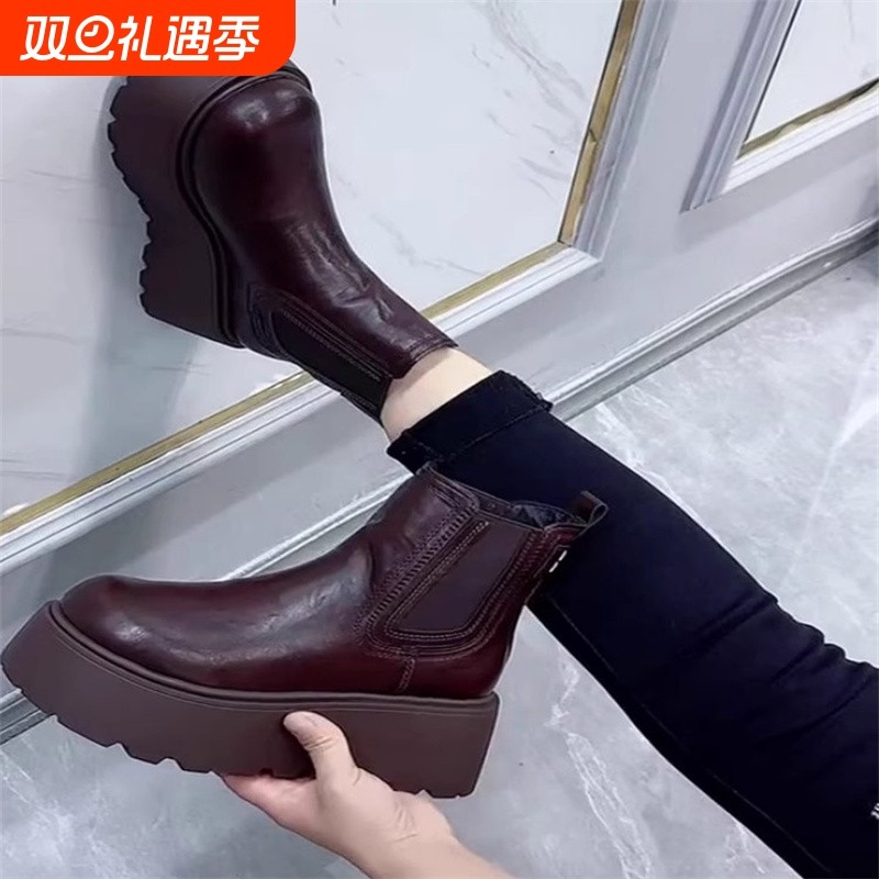 欧洲站切尔西马丁靴女2025秋冬加绒新款厚底增高套筒靴雪地靴圆头