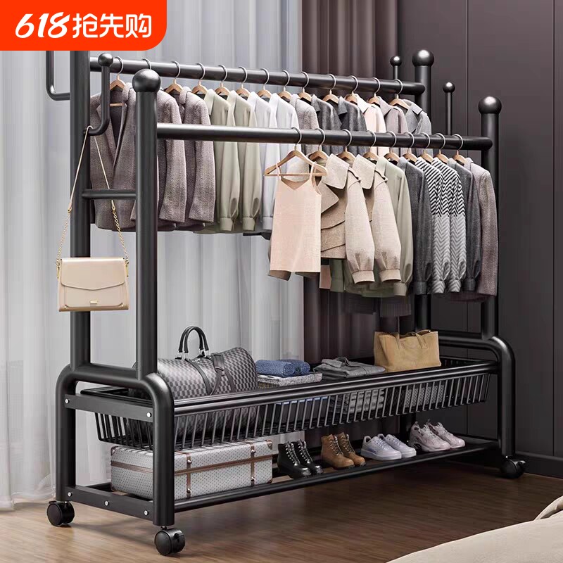 晾衣架家用衣帽架落地室内加厚卧室挂衣架房间挂衣服架子双层双杆