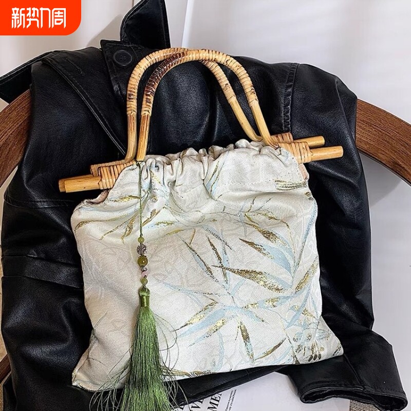 竹叶提花汉服包包女2026新款竹节藤编手提包新中式旗袍手挽竹节包