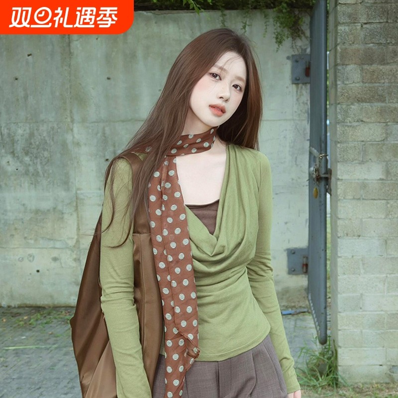 法式棕色波点丝巾韩版ins高级感时尚百搭配饰系脖绑发长条围巾女