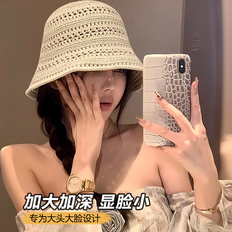 日系镂空针织渔夫帽子旅游女2026新款夏季透气水桶帽编织防晒盆帽图片