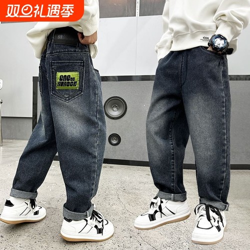 男童韩版宽松加绒加厚牛仔老爹裤