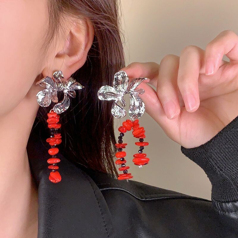 新款喜庆夸张洋气耳环中式复古新娘造型耳饰敬酒旗袍配饰红色花朵
