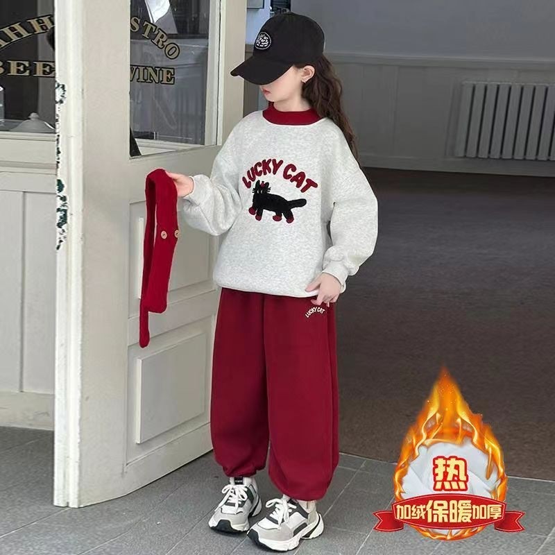 2025新款儿童加绒小猫卫衣中大童冬装休闲裤子两件套女童套装秋冬