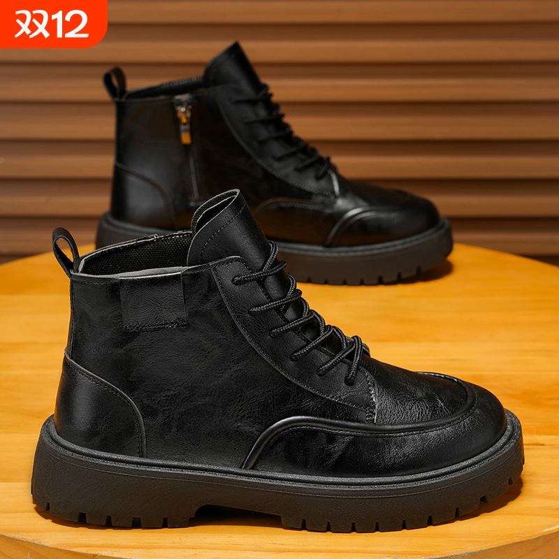 品牌断码秋季男士高帮商务休闲英伦软皮加绒皮鞋厚底保暖短靴马丁