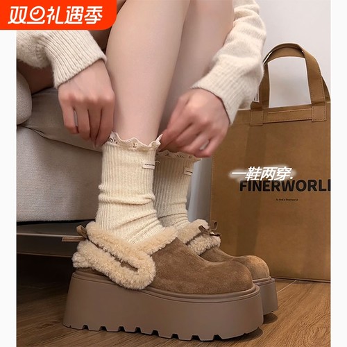 增高厚底加绒勃肯鞋女2025新款冬季加厚保暖毛毛棉拖鞋子毛绒高跟