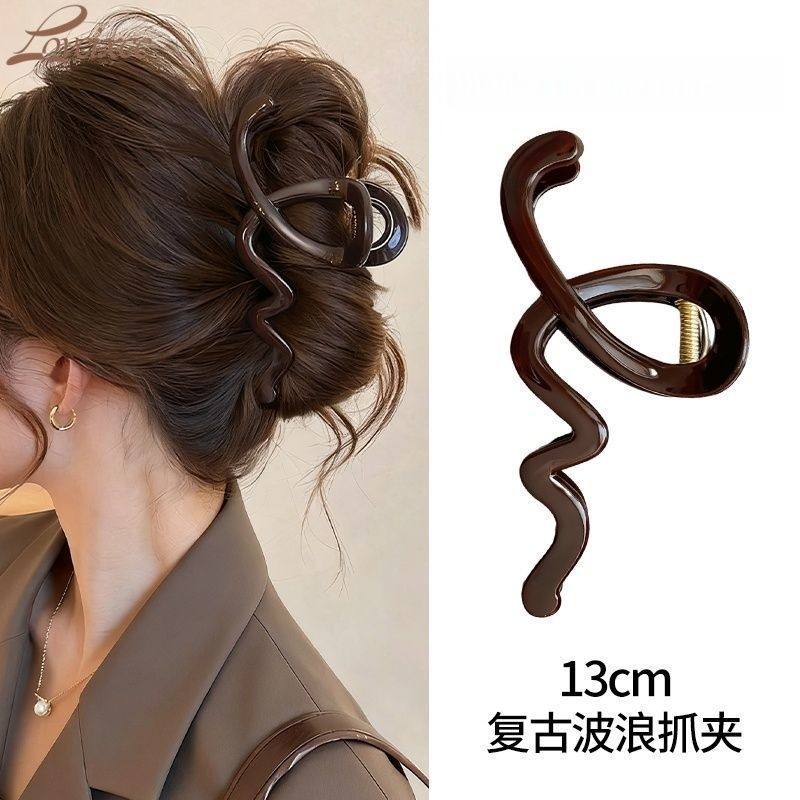 棕波浪复古时尚抓夹女后脑勺高级感量多鲨鱼夹子发饰黑色短发长发图片