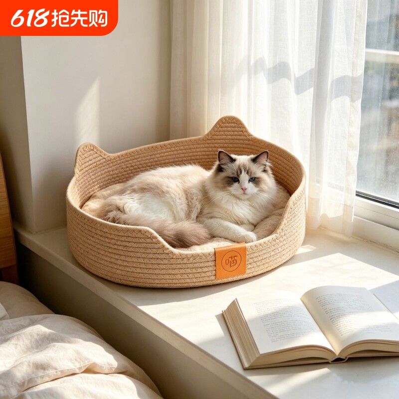 藤编猫窝一体猫抓板四季通用宠物床窝耐抓耐磨编织窝可水洗不掉屑