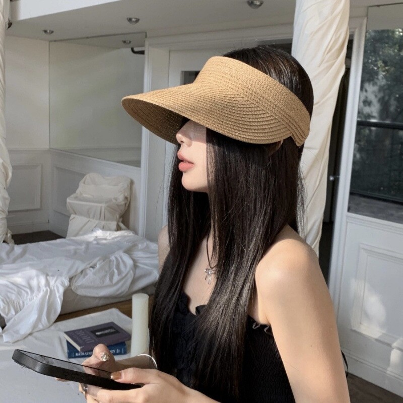 帽子女夏季新款草编遮阳防晒帽编织凉帽空顶草帽法式大帽檐太阳帽