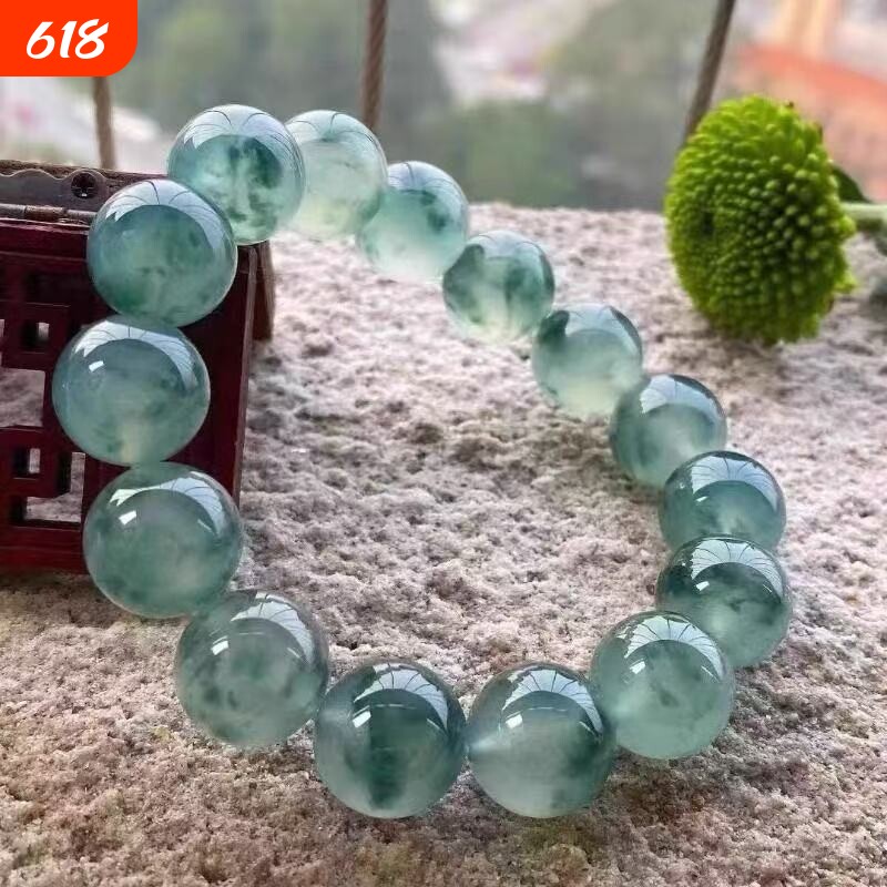 高冰种翡翠底仿老坑翡翠色手链飘花蓝水手串佛珠送女友礼物晴水