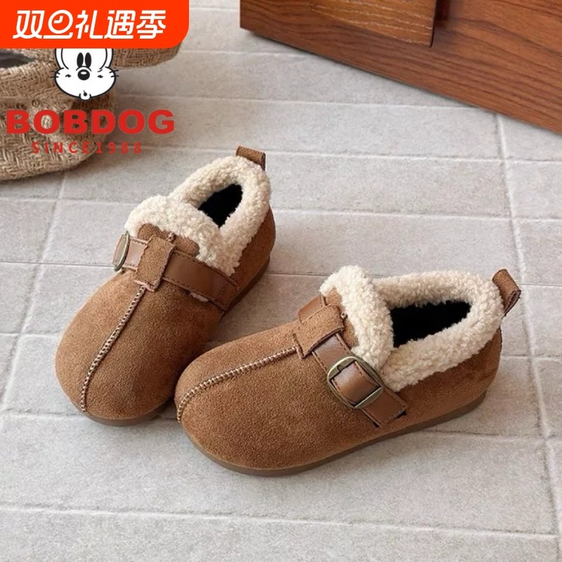 巴布豆女童勃肯鞋加绒儿童2025冬新款复古女宝宝二棉鞋毛毛豆豆鞋