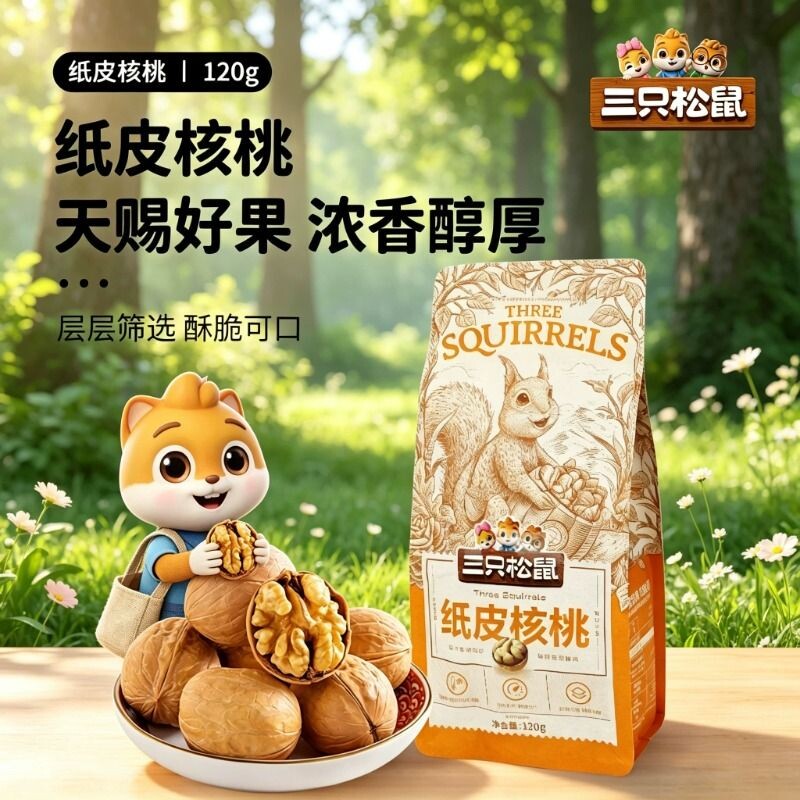 三只松鼠原味纸皮核桃120g/袋薄皮大头装坚果休闲零食干果小吃