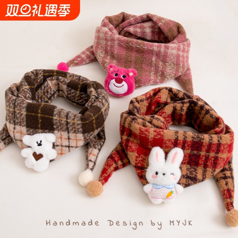 秋冬新款儿童格子围巾加厚防风保暖三角巾披肩男女孩亲肤护颈围脖