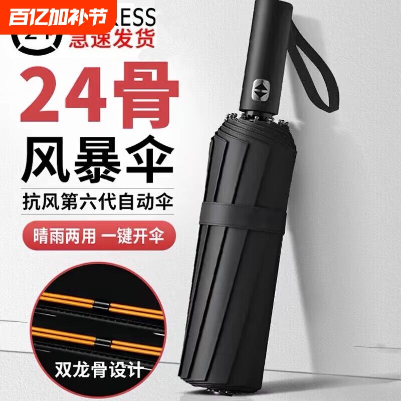 自动雨伞加固两用24骨晴雨抗风特大号男三折叠伞2025双层手动结实