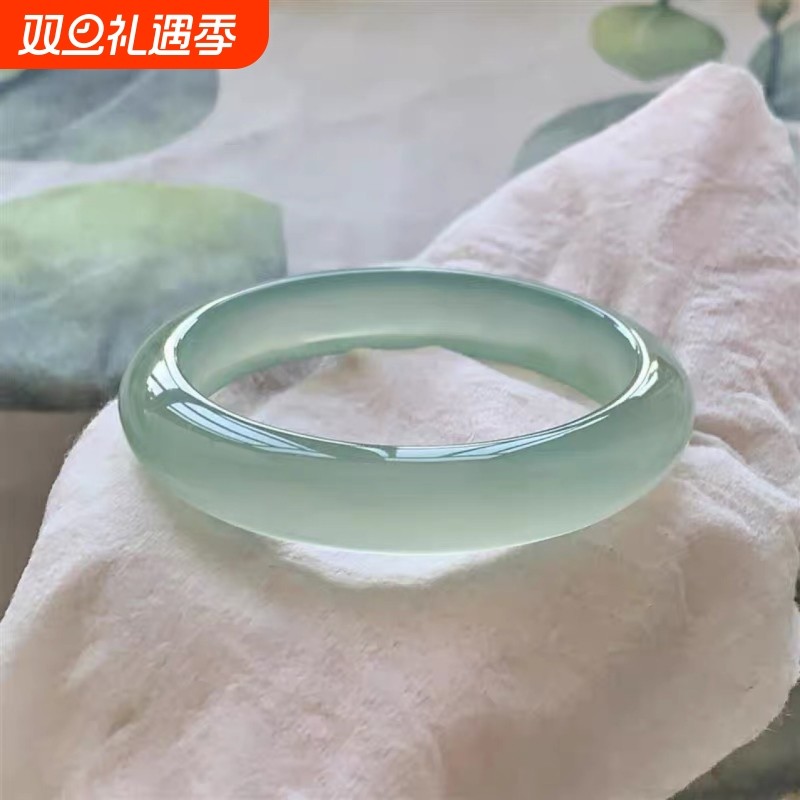 天然玛瑙手镯女冰种玉髓油青白月光镯子正圈祖母绿冰透情人节送礼