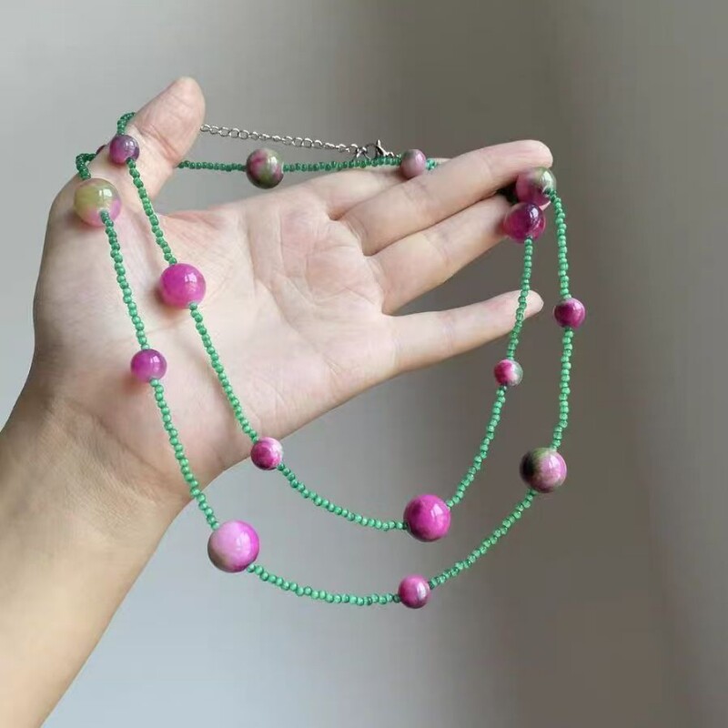 新中式国风紫绿撞色手工串珠项链女文艺少女风长款叠戴颈链锁骨链