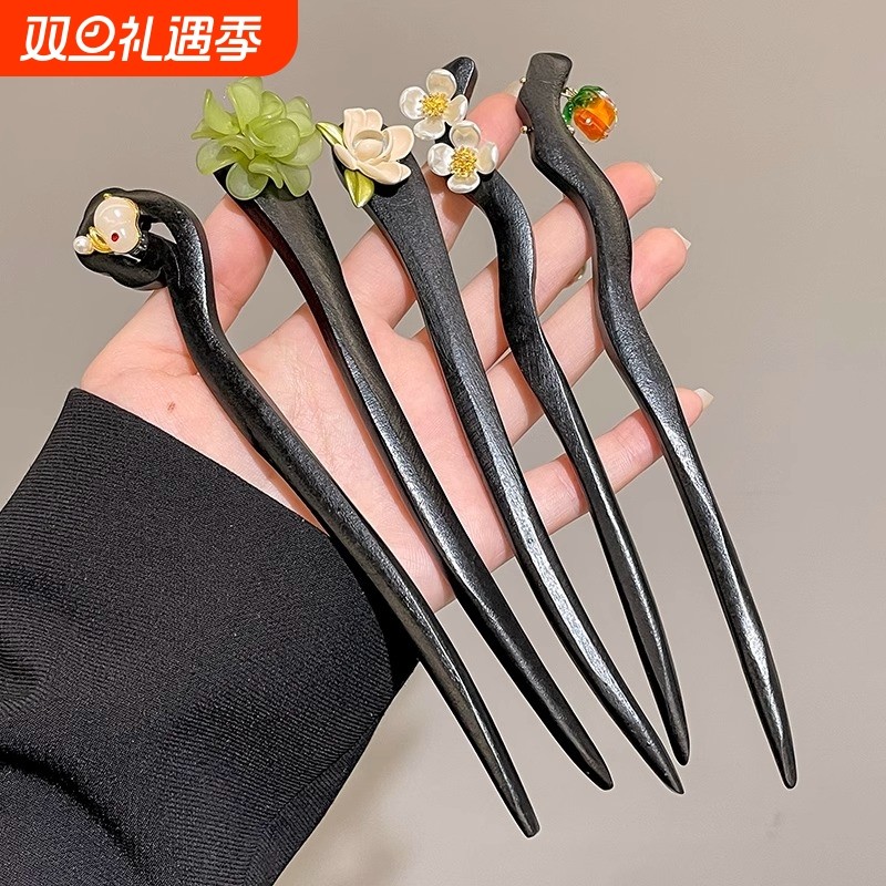 黑檀木古风发簪女花朵后脑勺盘发神器发钗簪子高级感汉服头饰七夕