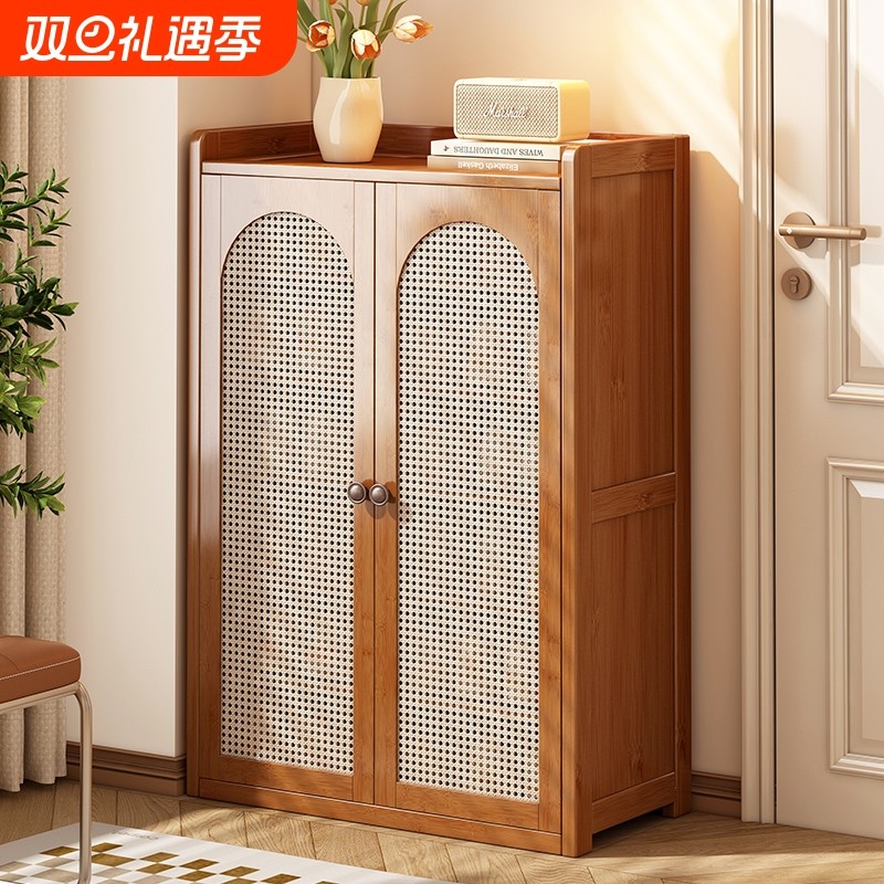 家用入户门口鞋柜大容量窄款多层简易带门玄关柜楠竹收纳奶油家居