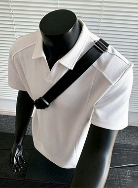 美式正肩男士polo衫短袖夏季潮流痞帅拼接翻领t恤衫男款衣服白色