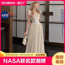 NASA联名法式小飞袖连衣裙女夏季荷叶边方领气质收腰大裙摆长裙