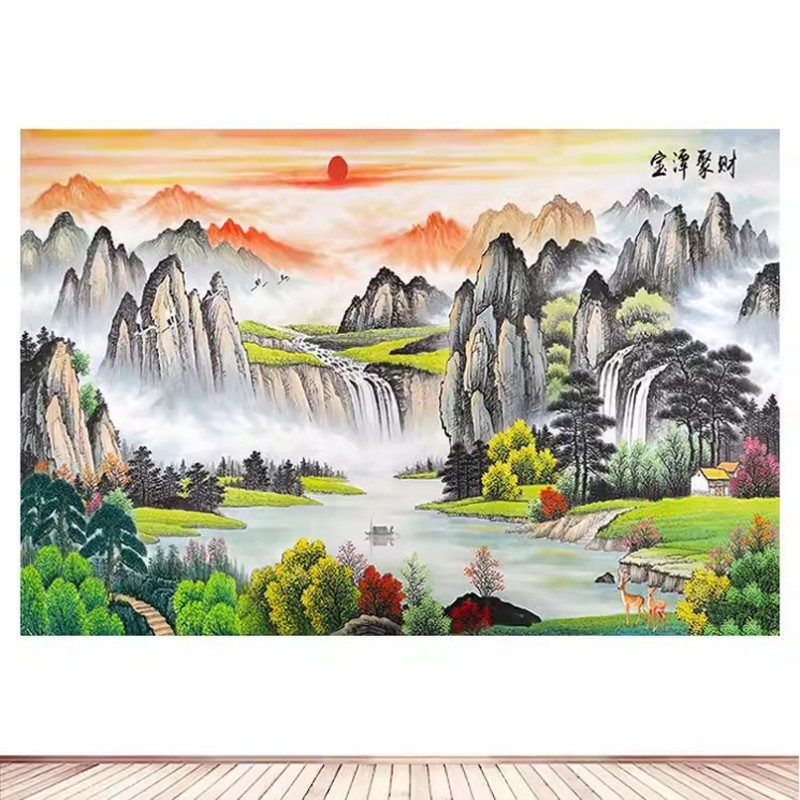 聚宝盆风水画客厅背景办公室装饰画书房墙贴壁画高山流水生财山水