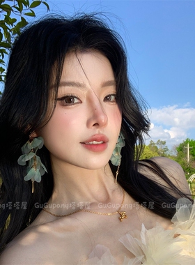 超仙渐变绿色花瓣流苏耳环女气质高级感长款耳钉夏日度假风耳饰品