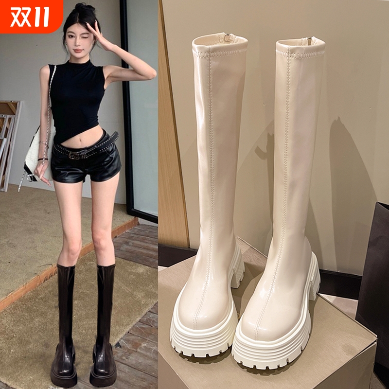 热风圈长筒靴女2025年新款秋冬季加绒瘦瘦靴显瘦马丁弹力高筒骑士
