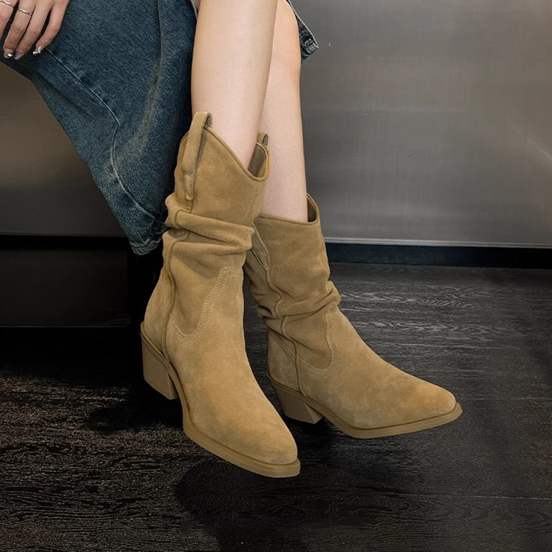 SUN QIAN ZHAO LUSI의 소가죽 버전과 같은 스타일의 짧은 부츠 여성 부츠 파일 부츠 두꺼운 굽 패션 메일라드 중반 송아지 웨스턴 부츠