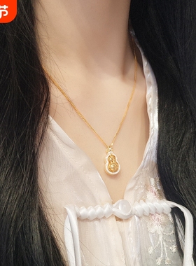 s925纯银花丝镂空葫芦项链镶钻可转动高级感肖邦链黄金质感