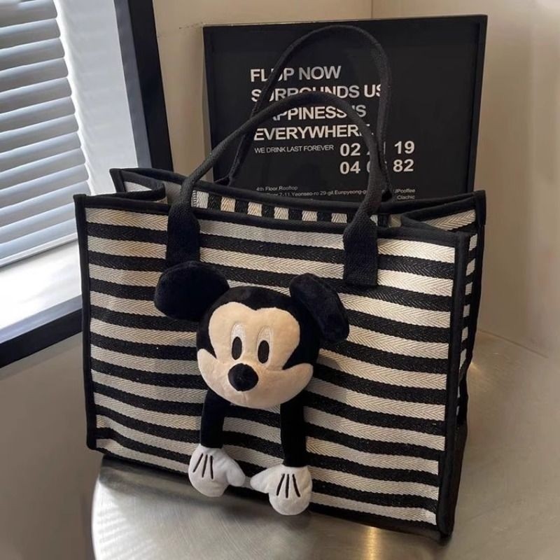 2025新款大容量条纹单肩时尚可爱通勤帆布妈咪包卡通