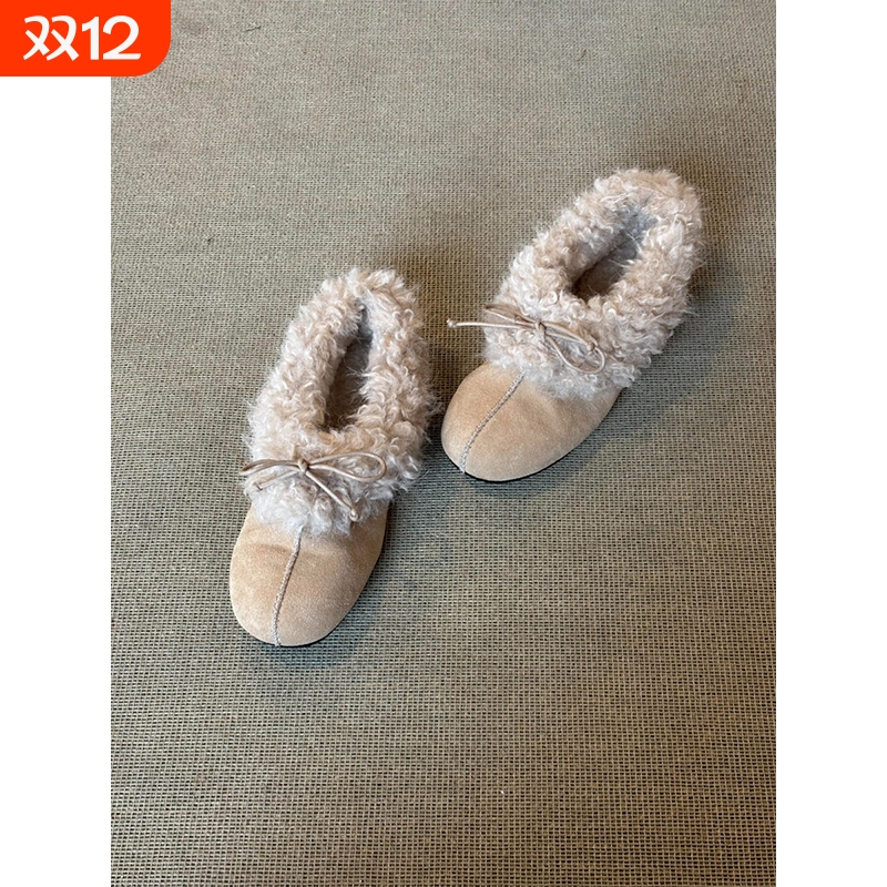 真皮蝴蝶结棉鞋复古加绒保暖百搭时尚女雪地毛毛鞋磨砂小皮鞋女