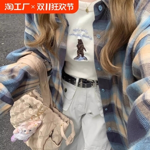 美式复古撞色格子衬衫早秋外套女2024新款高级感宽松长袖衬衣上衣