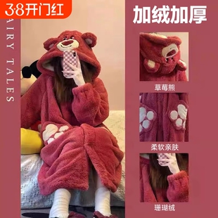 珊瑚绒睡衣冬季女秋冬长款草莓熊玉桂狗睡袍2025新款学生加绒加厚