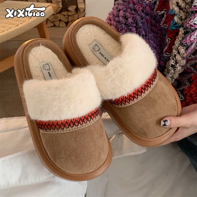 细细条复古民族风女士棉拖鞋冬季室内外防滑保暖毛绒月子鞋外穿