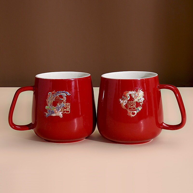 结婚红色陶瓷水杯新娘新郎喝水情侣对杯陪嫁牙杯一对实用杯子礼物