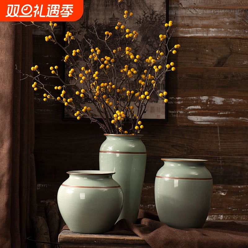 景德镇汝窑青釉花瓶新中式陶瓷摆件干花插花玄关酒柜客厅装饰品