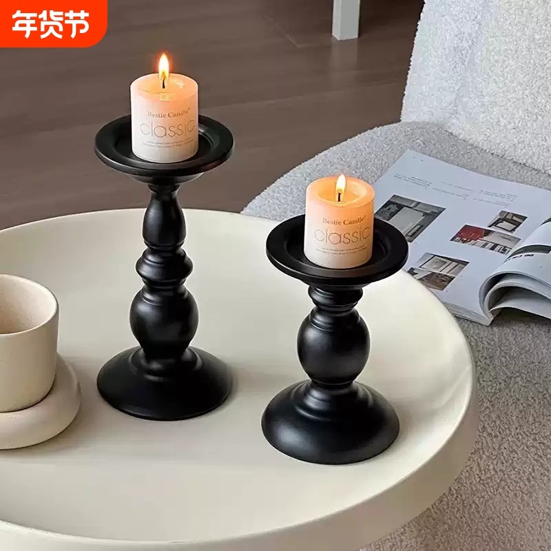 法式复古烛台摆件蜡烛香薰台座黑色罗马柱家用铁艺餐桌氛围感装饰